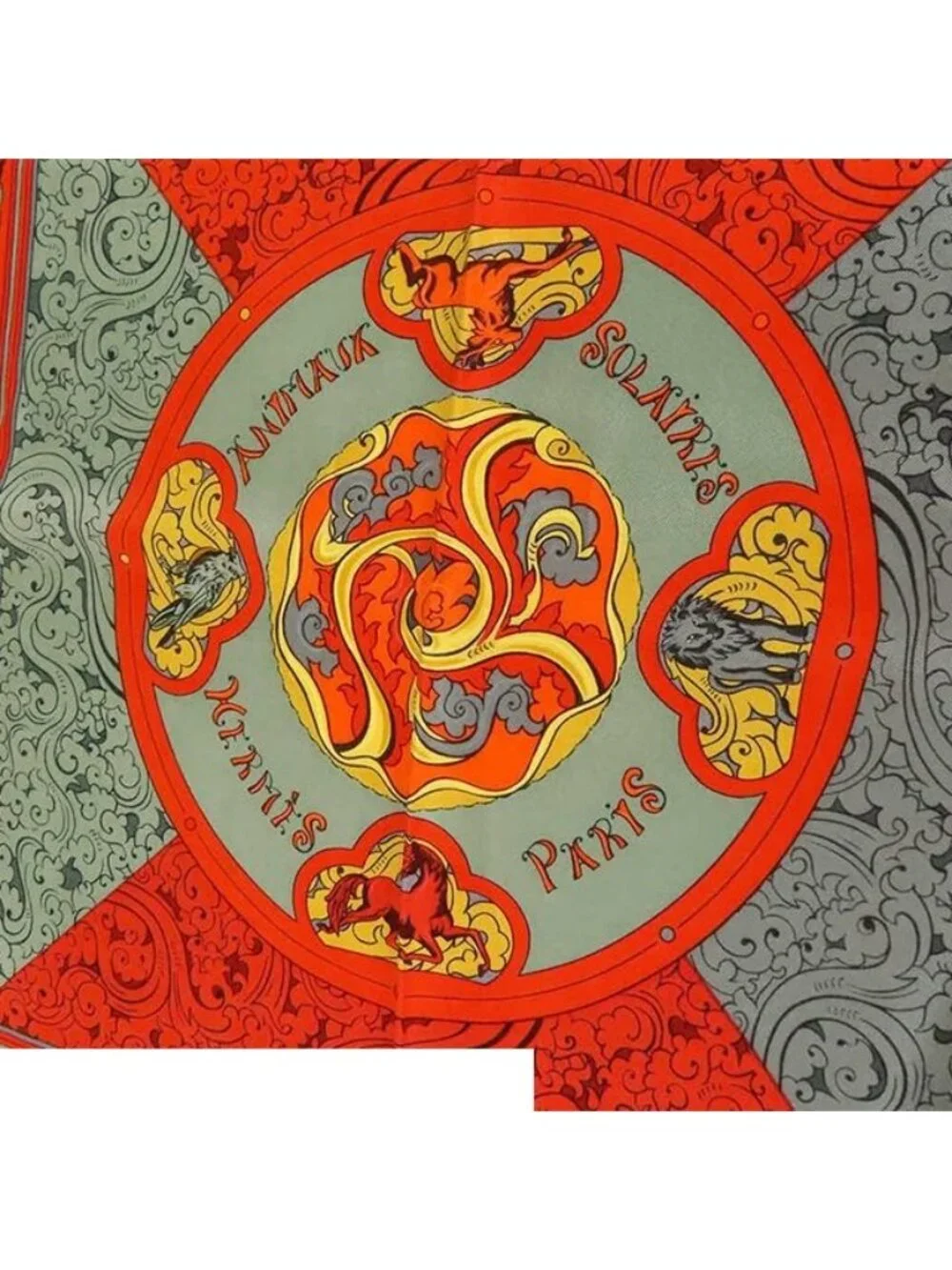 Hermes Carre 90 Red Gray Yellow Silk Animaux Solaires Sun Animals Scarf